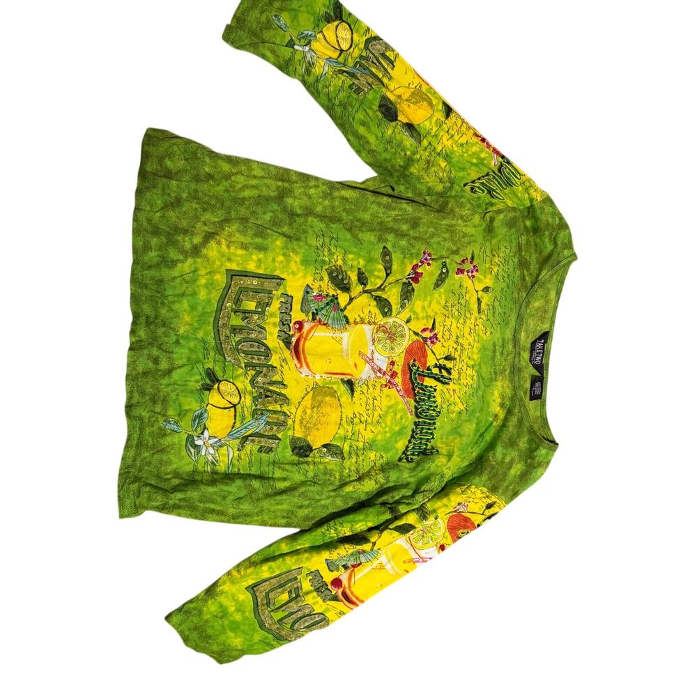 Take Two Women's V-Neck 3/4 Sleeve Lemonade Green Yellow Top L Cotton Sequins